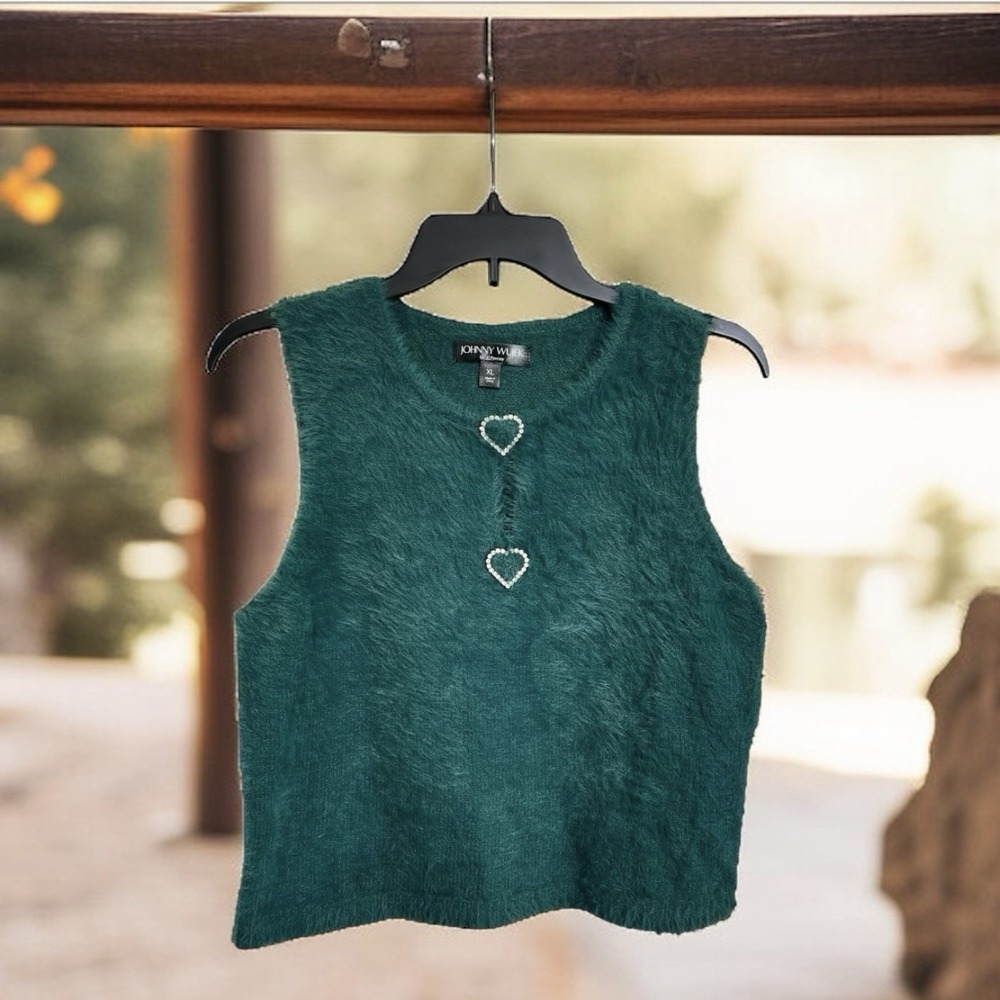 Johnny Wujek‎ Fuzzy Crop Top XL Rhinestone Hearts Evergreen For JCPenny New